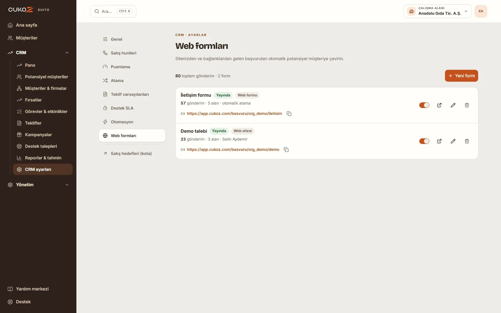CukoZ CRM Suite web formu ayarları: alan seçimi ve gömme kodu