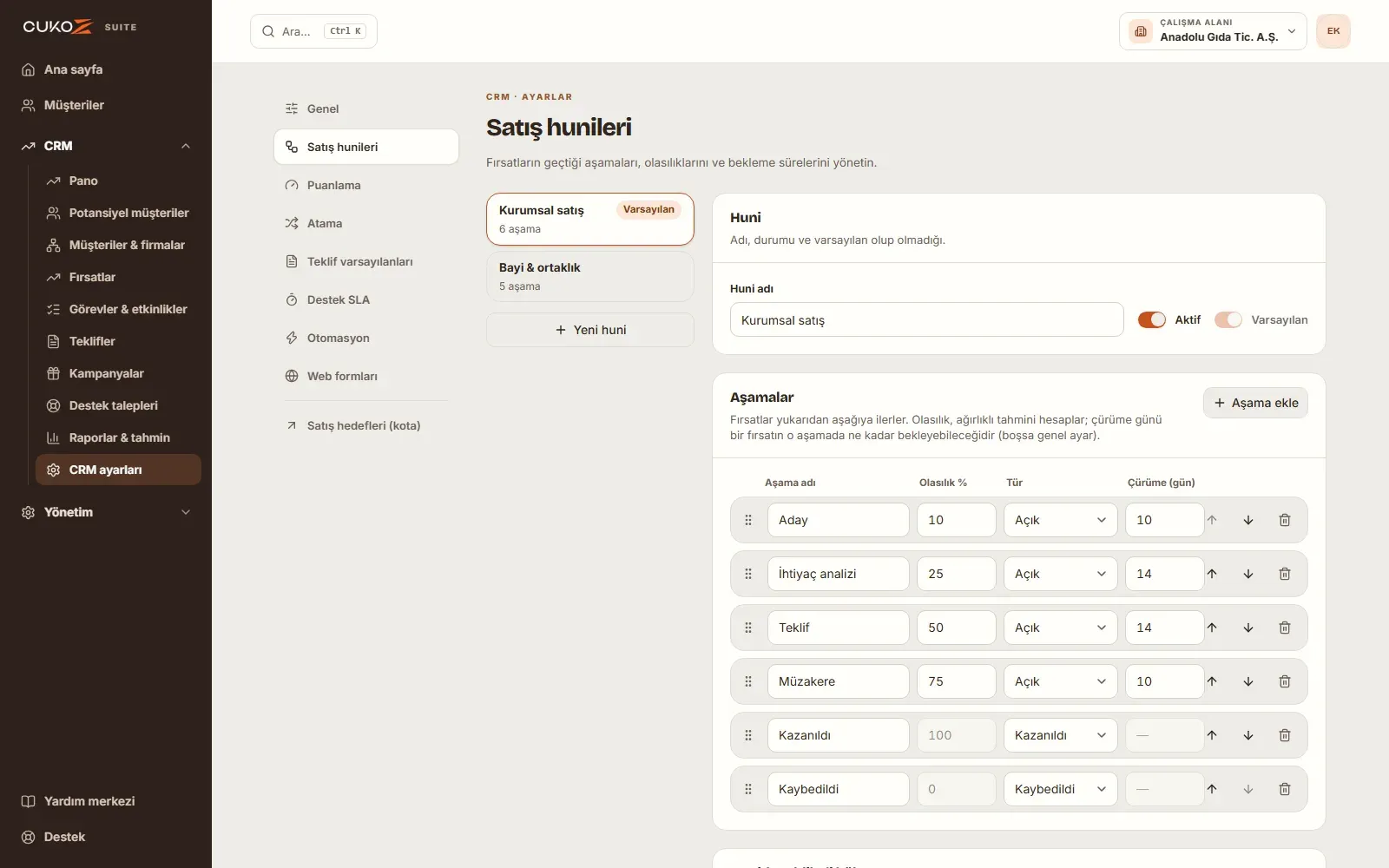 CukoZ CRM Suite huni ayarları: aşama adı, olasılık, tür ve çürüme günü