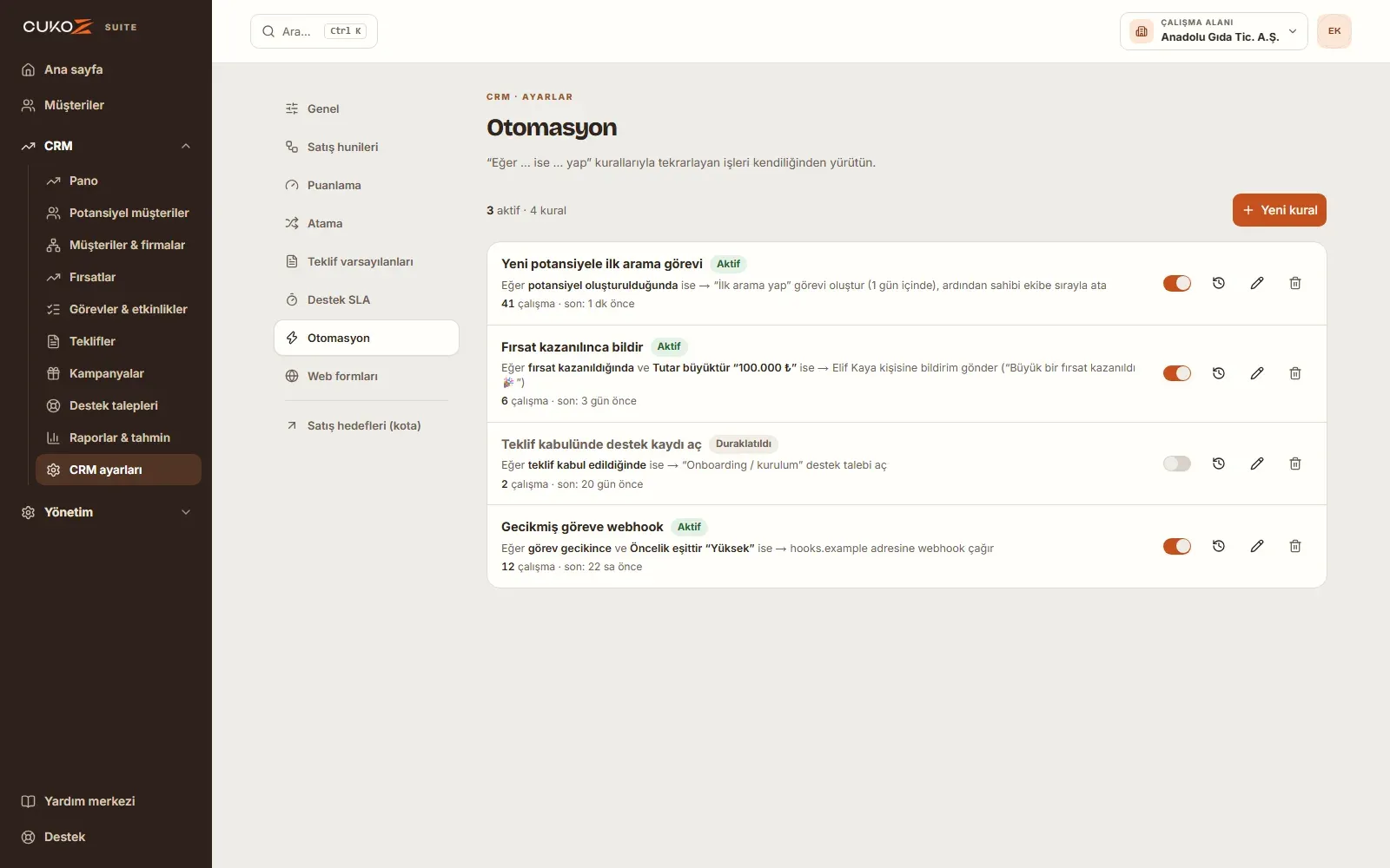 CukoZ CRM Suite otomasyon kuralları ve çalışma geçmişi