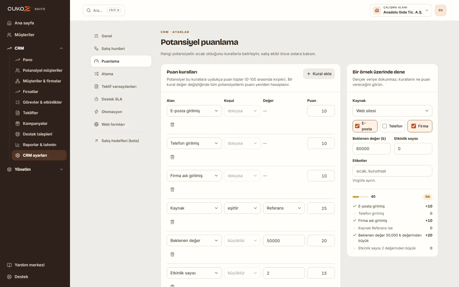 CukoZ CRM Suite puanlama ayarları: kurallar, eşikler ve örnek üstünde deneme