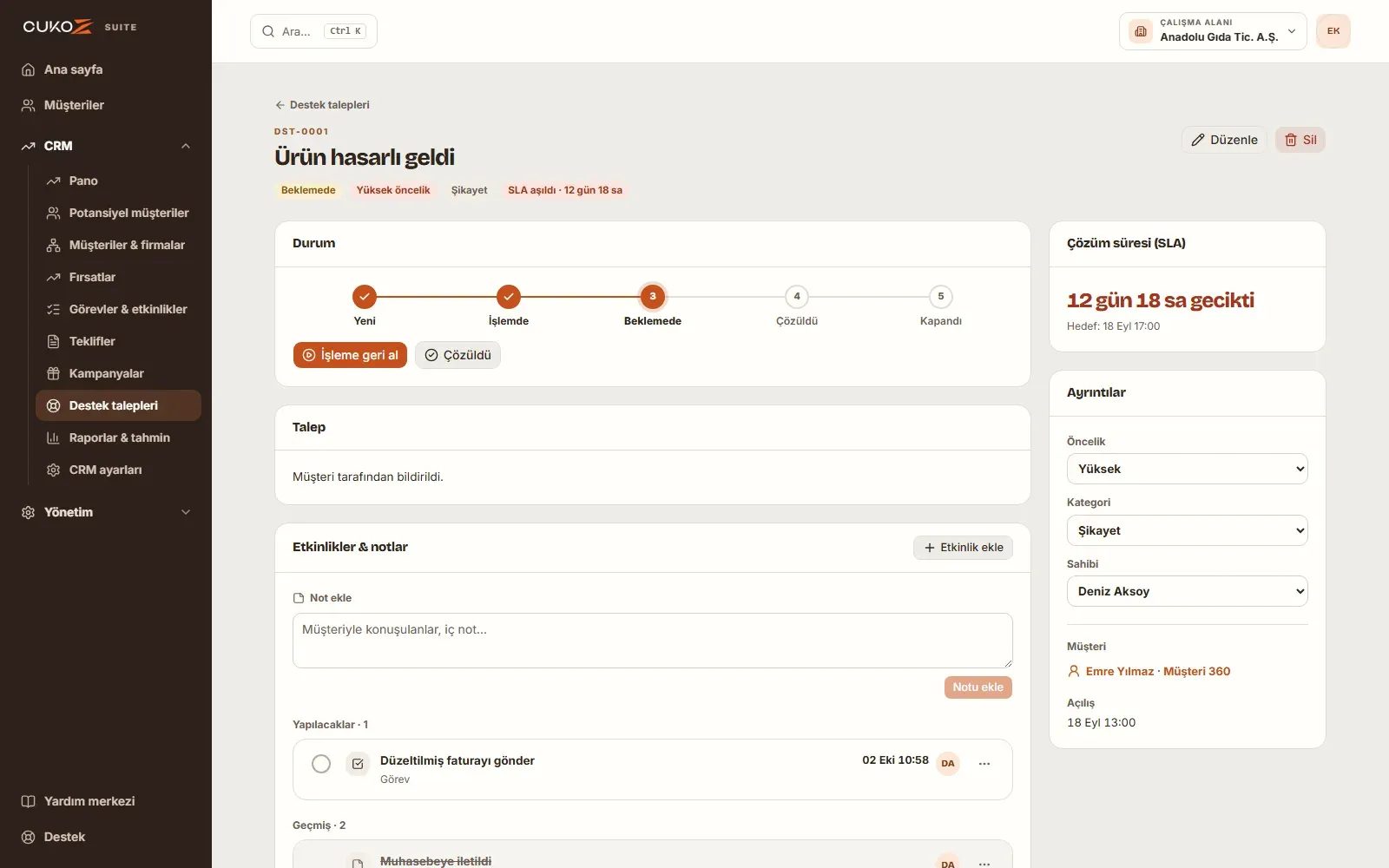 CukoZ CRM Suite destek talebi detayı: durum akışı ve çözüm notu