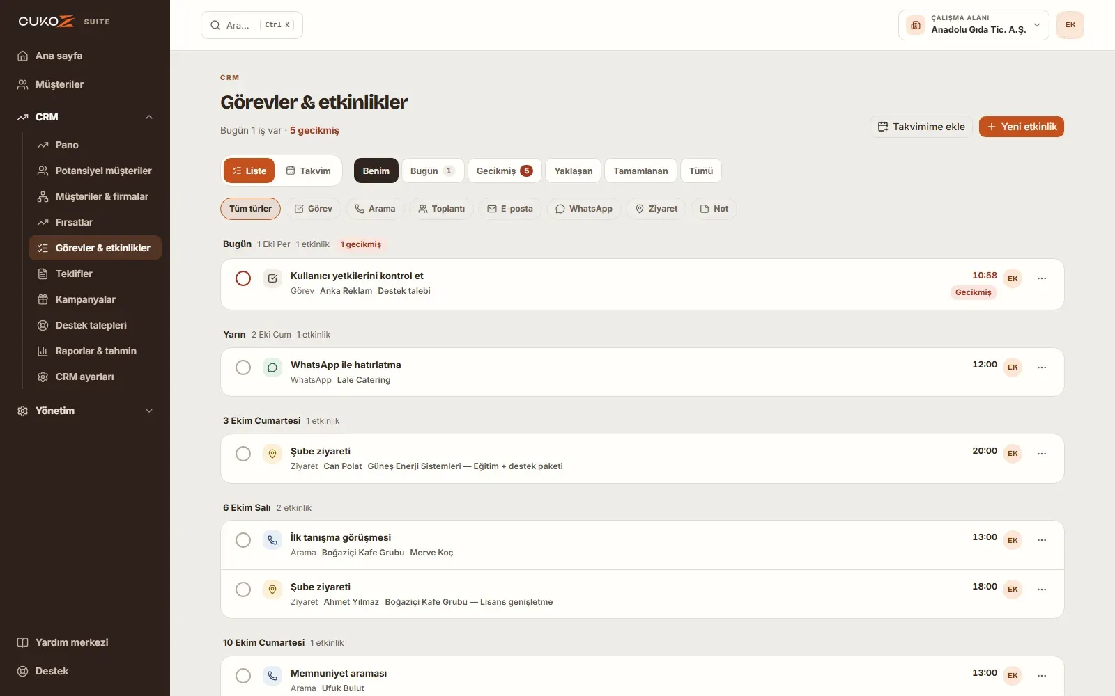 CukoZ CRM Suite etkinlik listesi: bugün, gecikmiş, yaklaşan ve tamamlanan