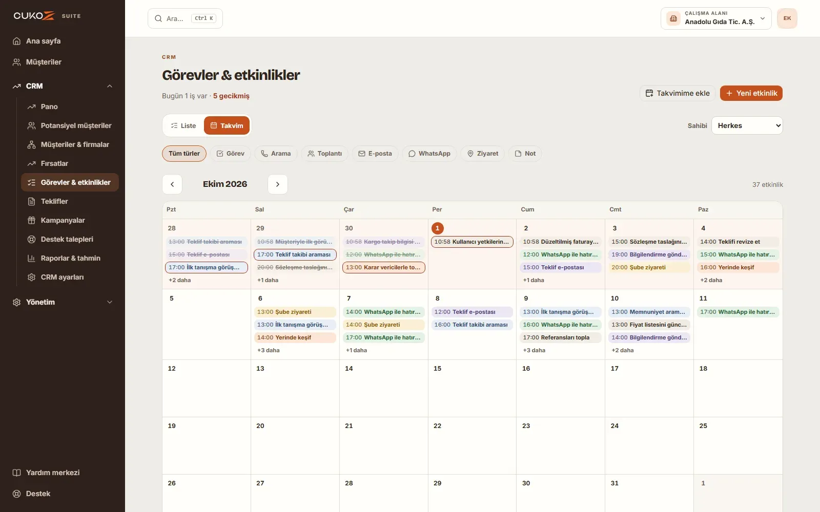 CukoZ CRM Suite aylık etkinlik takvimi