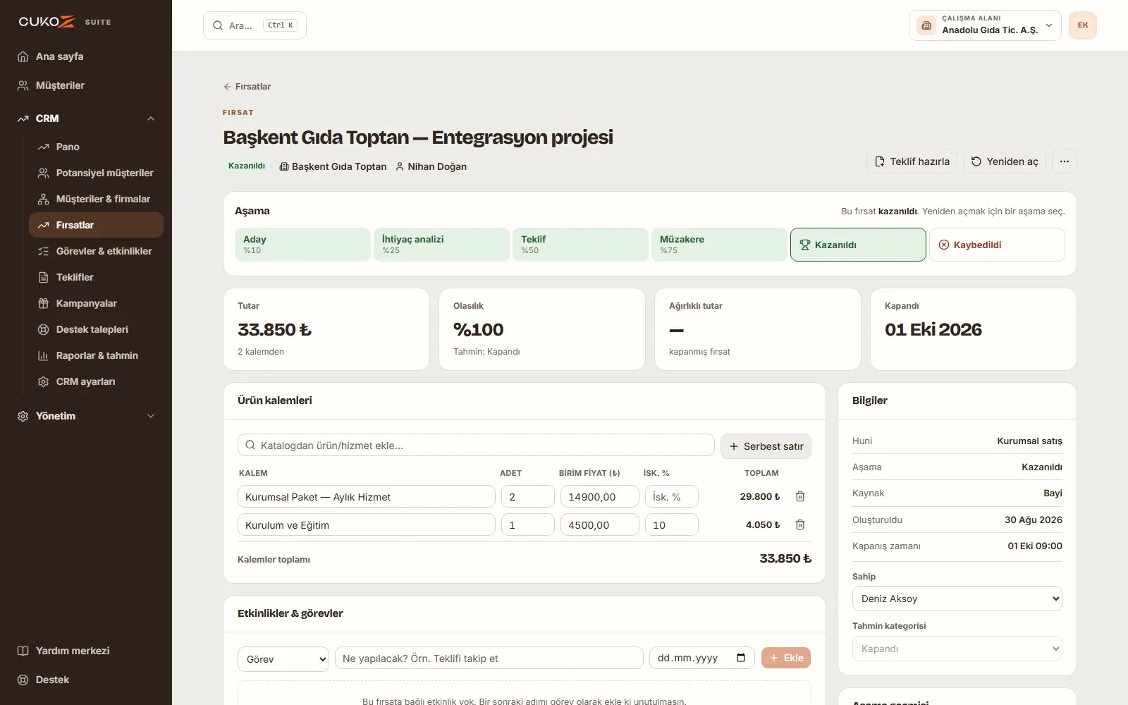 CukoZ CRM Suite fırsat detayı: kalemler, aşama geçmişi ve sonraki adım