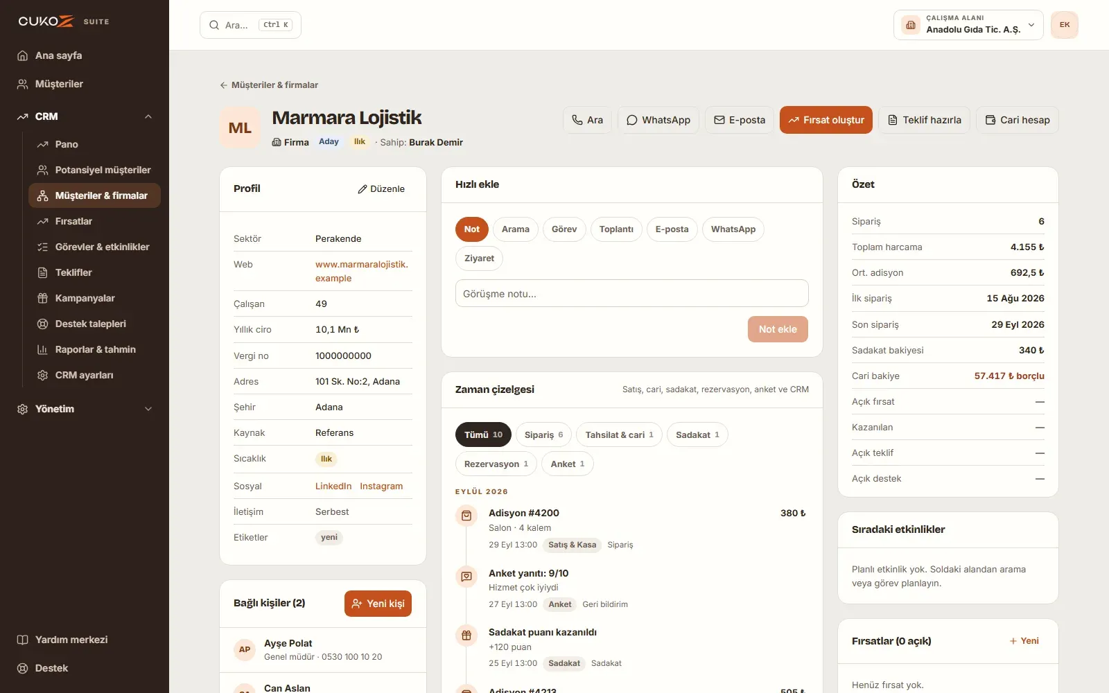 CukoZ CRM Suite Müşteri 360 ekranı: tek zaman çizelgesinde CRM ve Suite verisi
