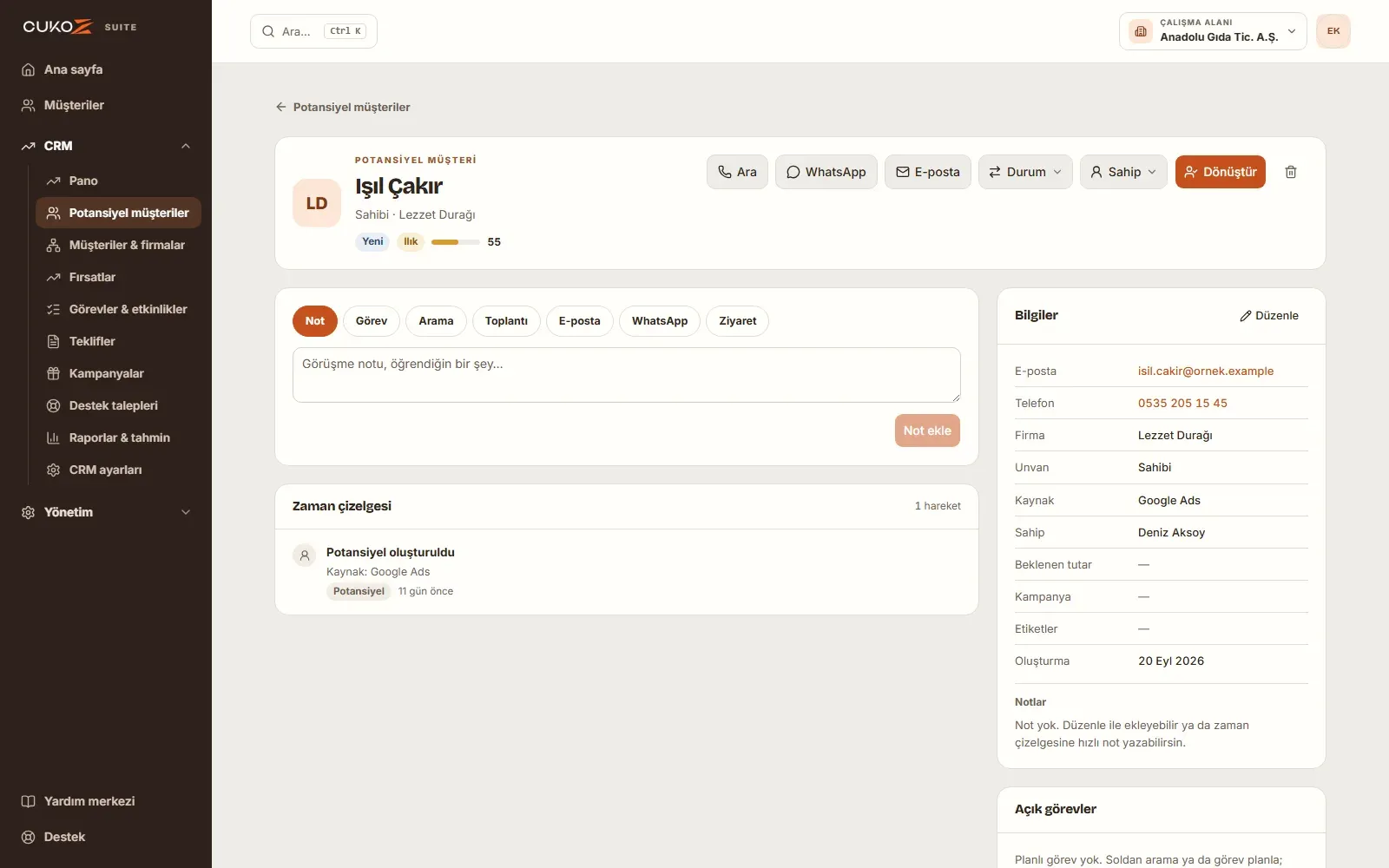 CukoZ CRM Suite potansiyel müşteri detayı: zaman çizelgesi ile hızlı not, görev ve arama
