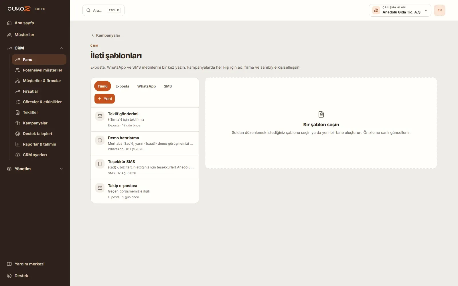CukoZ CRM Suite ileti şablonları: e-posta, WhatsApp ve SMS