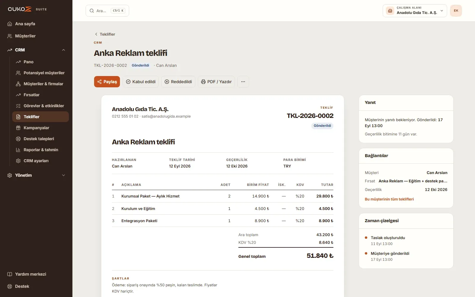 CukoZ CRM Suite teklif detayı: paylaşım bağlantısı ve durum