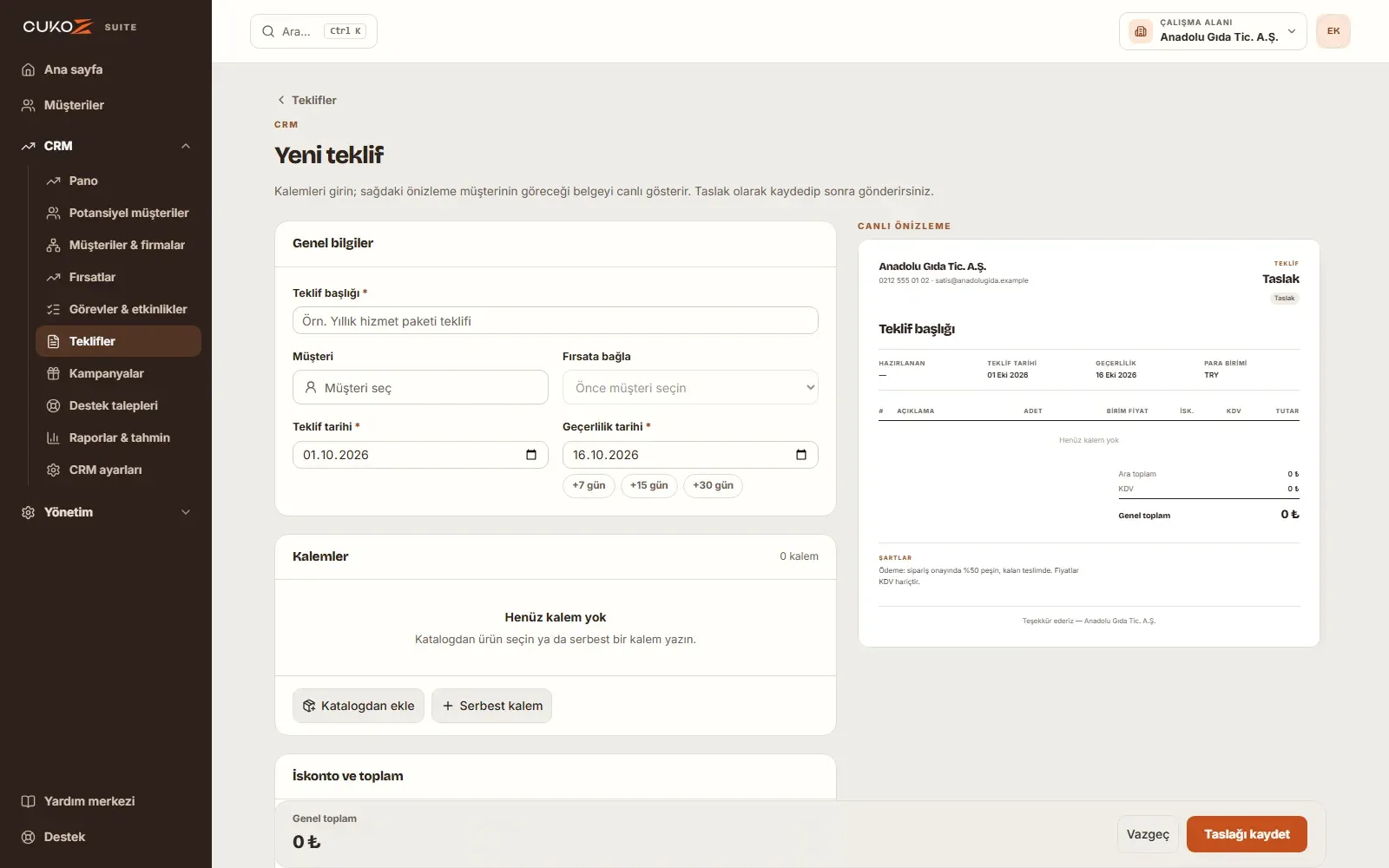 CukoZ CRM Suite teklif oluşturucu: kalemler, iskonto ve canlı önizleme