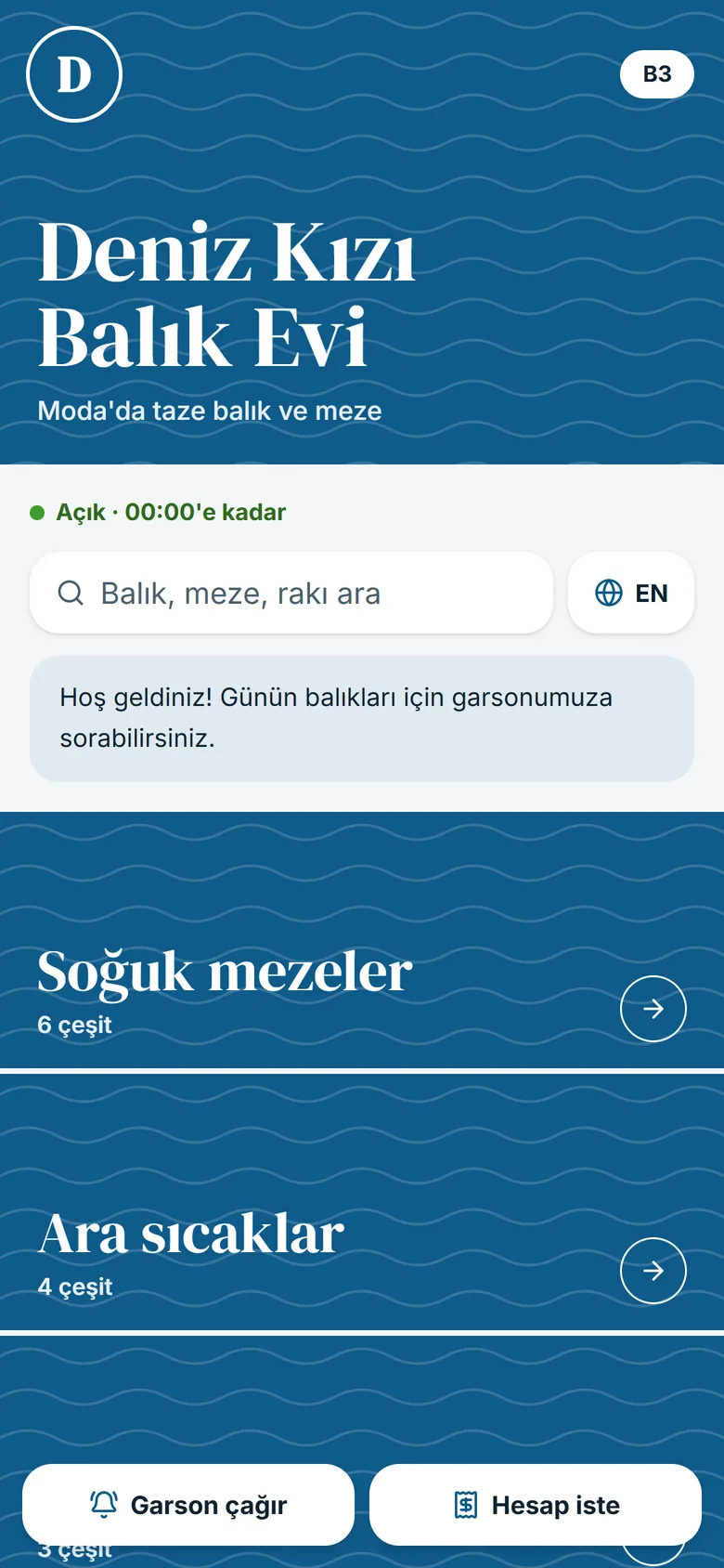 Telefonda açılmış Deniz tasarımlı QR menü: işletme adı, arama kutusu, kategori bantları ve altta Garson çağır ile Hesap iste düğmeleri