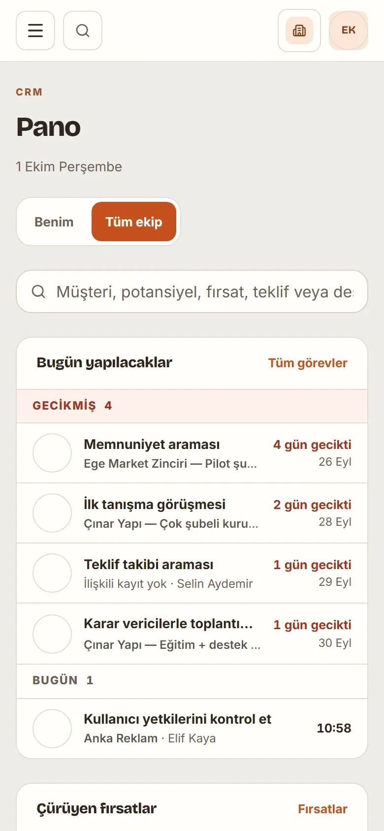 CukoZ CRM Suite panosu telefonda